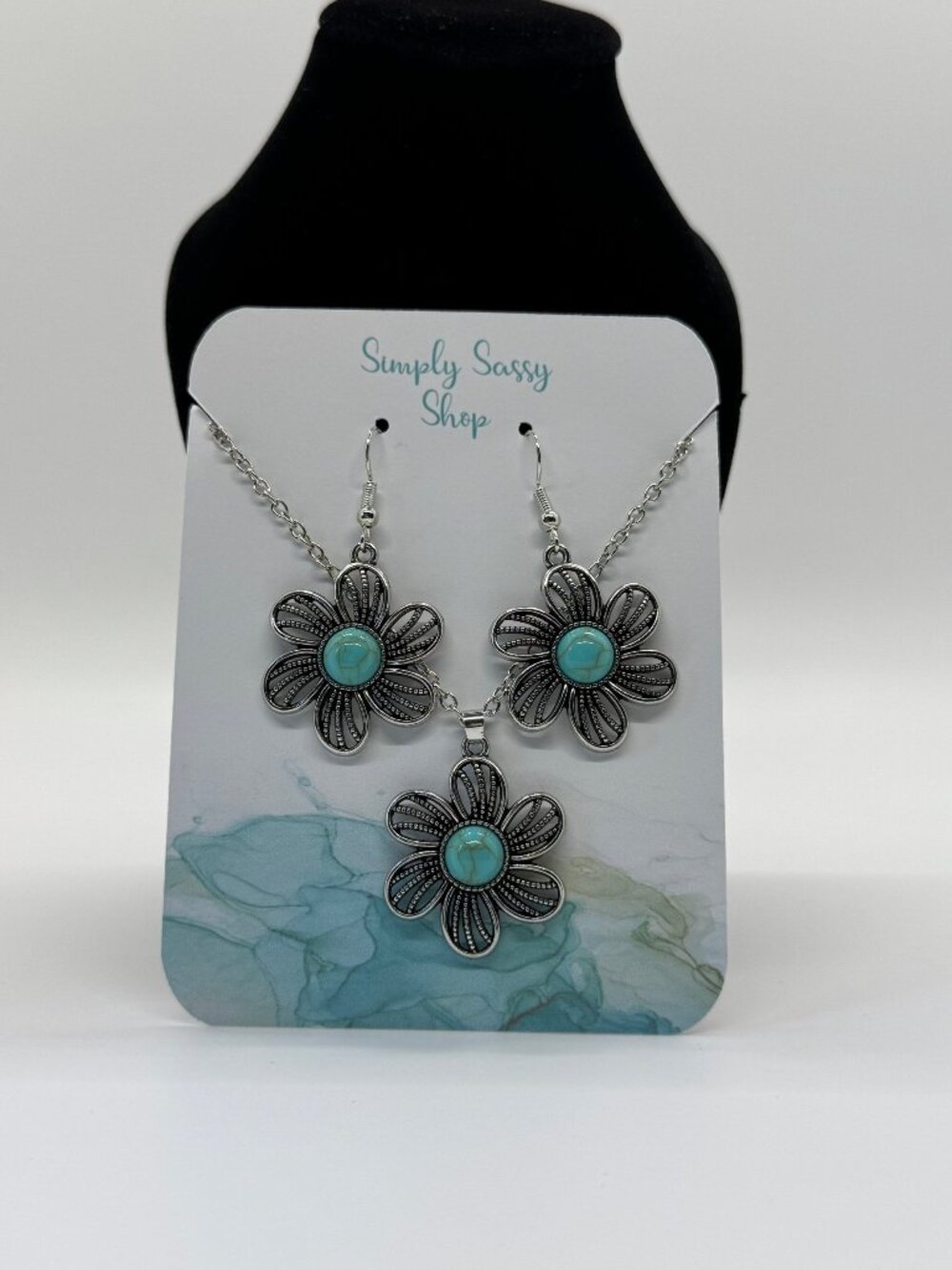Silver Tone Floral Necklace Earrings Set Turquoise Color Flower Statement Jewelr